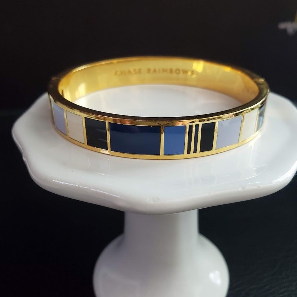 Kate Spade Chase Rainbows Blue Enamel Gold Plate Hinge Bangle Bracelet